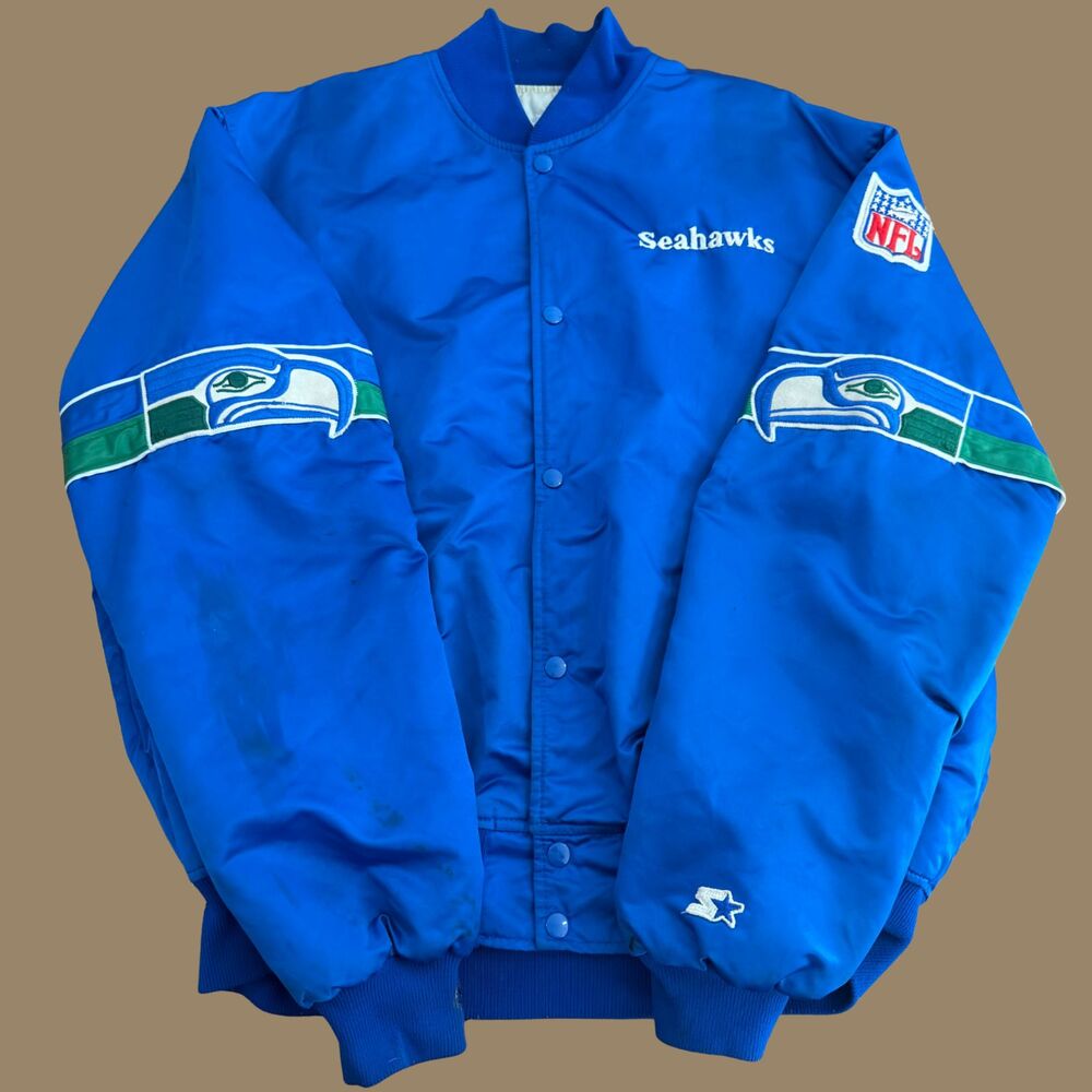 Vintage Seattle Seahawks Starter Satin Bomber Jacket Blue NFL Pro Line Men's XL